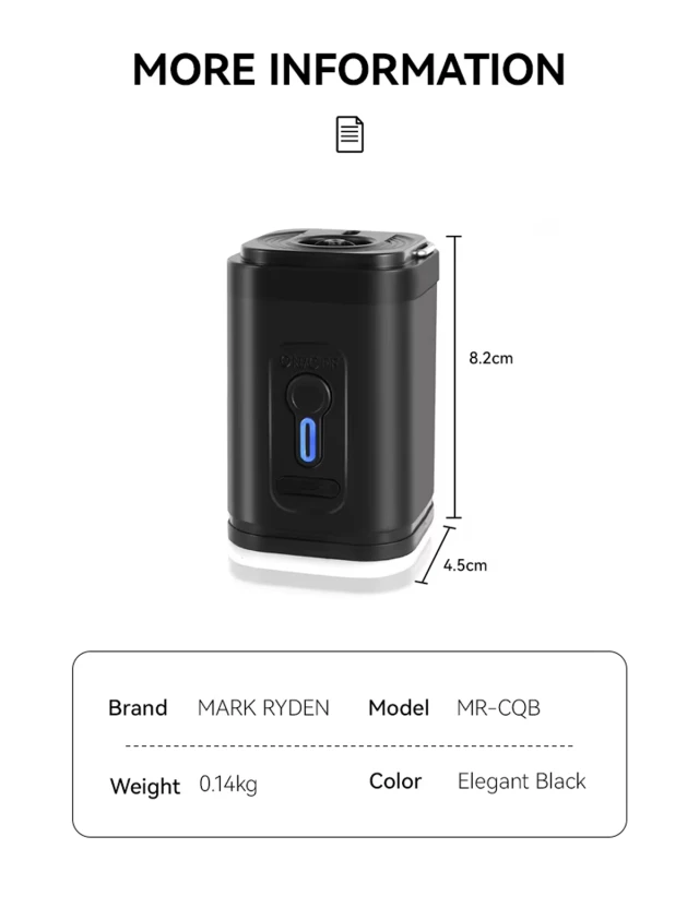 Mark Ryden Elektropumpe MR-CQB Spezifikationen: 8×5×5 cm, 140 g, Elegant Black