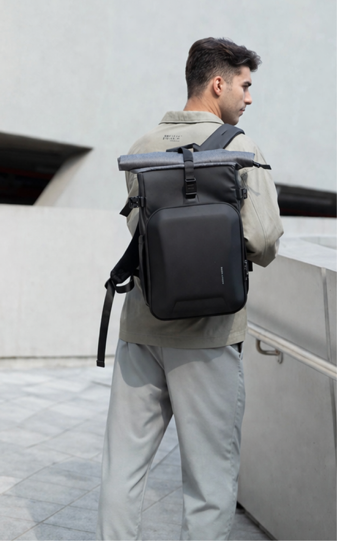 Traveller with carry-on backpack