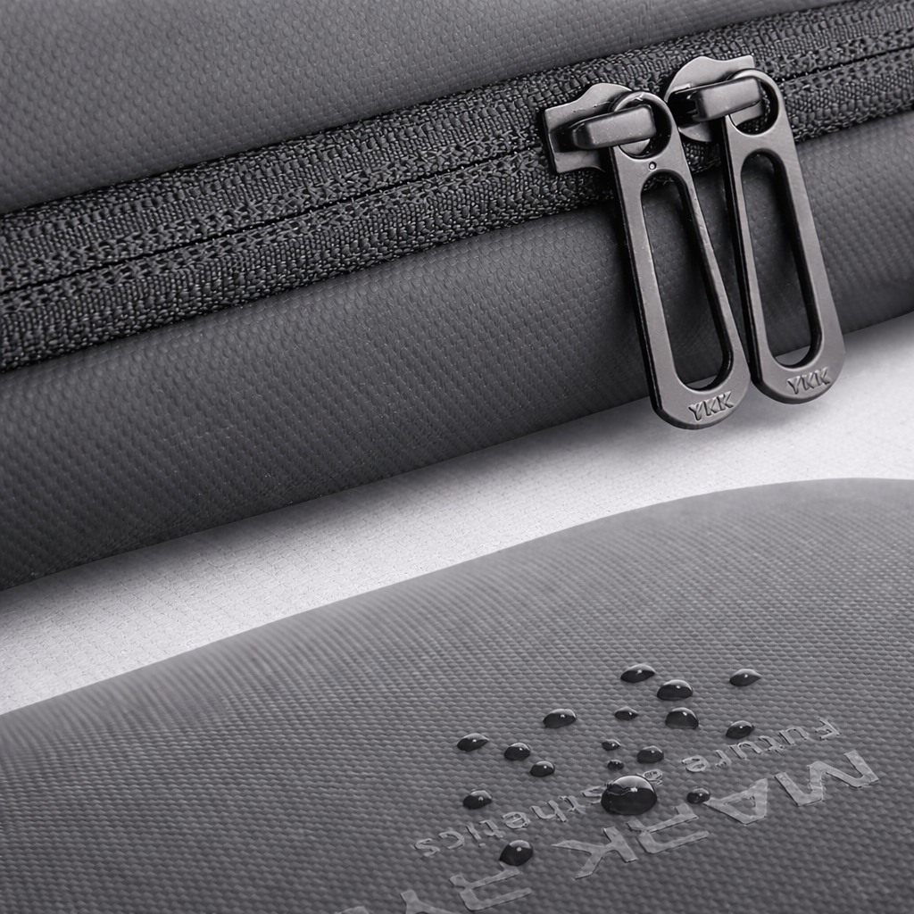 Carry-on backpack exterior showing coated material and front zips